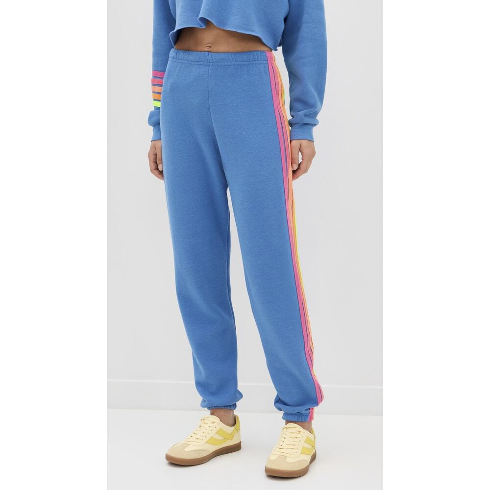 Aviator Nation Blue Neon 5 Stripe Logo Joggers Track Lounge Sweat Pants XS